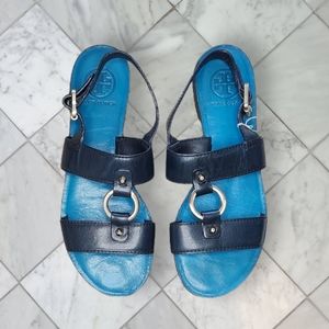 Tory Burch Sandals Leather Ring Shoes Navy Blue 7- 7.5 EUC